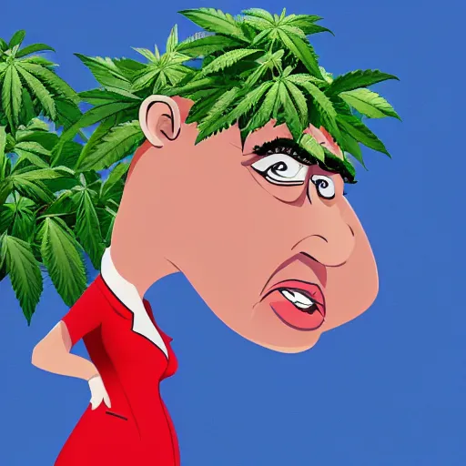 Image similar to cartoon caricature portrait of a cannabis themed character hiding the fields of cannabis crops. octane 4 k render by eyvind earle, female mean fat politician australian political comedy illustration