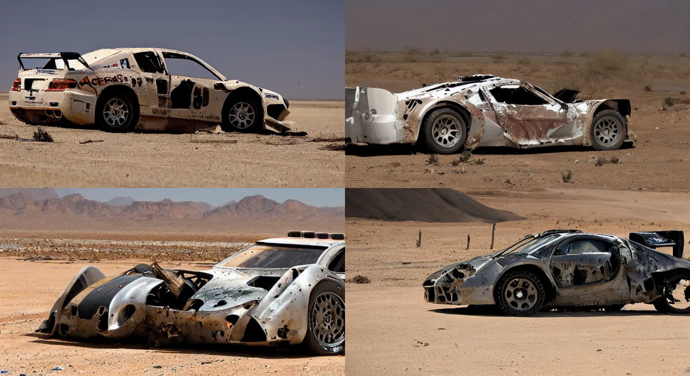 Prompt: a wrecked 2 0 0 9 acura arx - 0 2 a, abandoned in a desert, dusty, damaged, some rust