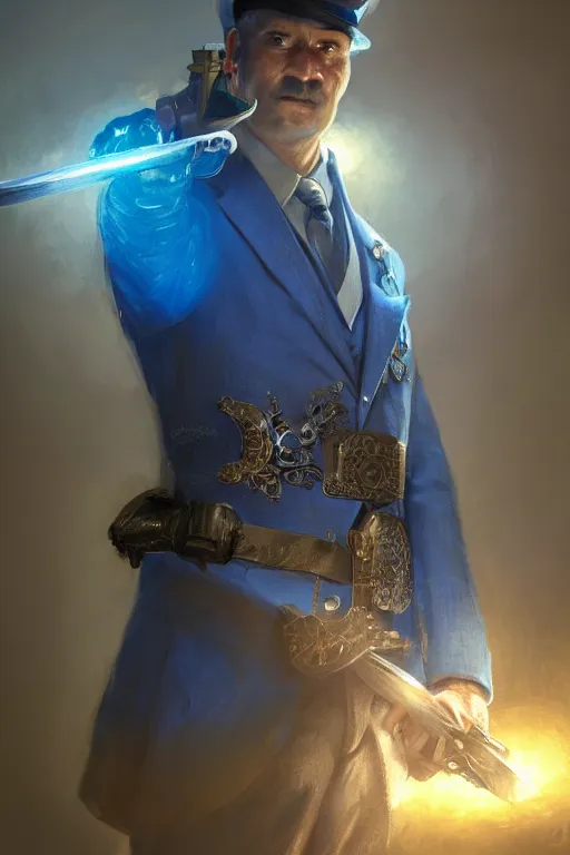 Image similar to a man in a blue suit with medals on it holding a sword in one hand and a pistol in the other hand, highly detailed, d & d, fantasy digital painting, trending on artstation, concept art, sharp focus, illustration, global illumination, ray tracing, realistic shaded, ruan jia, randy vargas, greg rutkowski