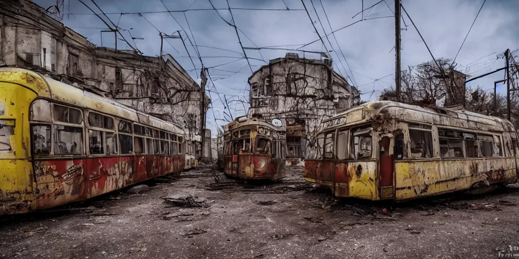 Prompt: low wide angle shot of dilapidated fallout 5 europa, temperate european small town, desolate, dilapidated neon signs, few rusted retro futuristic vintage parked vehicles like cars, buses, trucks, trams, volumetric lighting, photorealistic, daytime, autumn, sunny weather, sharp focus, ultra detailed, 4 0 0 0 k
