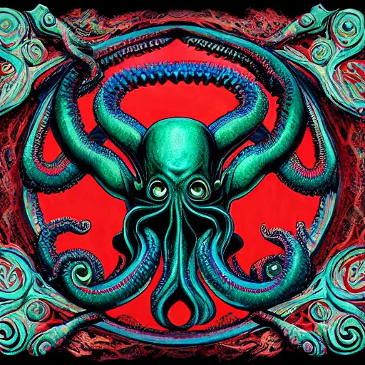 Image similar to 4 k colored headshot of godlike cthulhu with defined arms and open hands and bloody clothes with giant mandala wings, intricate face, flawless anime cel animation by kentaro miura, psychedelic, highly detailed upper body, professionally post - processed, beautiful, scary, symmetry accurate features, epic, octane rendered, anime masterpiece, accurate