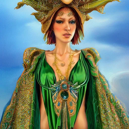 Image similar to a beautiful woman wearing a green and white kaftan made of silk with golden ornaments and diamonds jewelry by alex gray and android jones , Karol Bak, Ayami Kojima, Amano , concept art, character design, fantasy,3D, 8k resolution