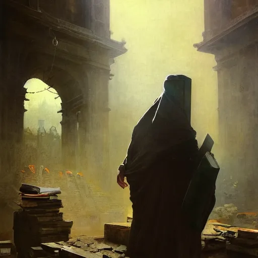 Image similar to half portait of magican wearing a closed cowl holding a big old book! chained!! to his wrist, jeremy mann, jean leon gerome, alphonse mucha, greg rutkowski, hood covers his eyes, ( ( ruins of ancient rome ) ), at dusk, mysterious atmosphere, sunrays, dof, masterpiece, high detailed, 8 k