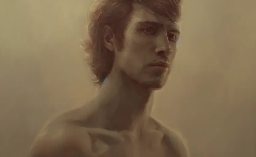 Image similar to a painting of the all father trending on artstation in the style of greg rutkowski, beautiful, young male, sensual, wise, natural skin, leader, 1 9 0 0 s, industrialization