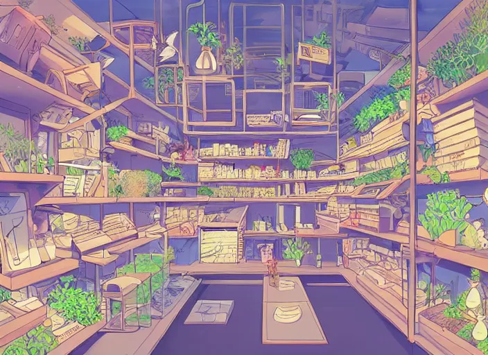 Image similar to pleasing two - point - perspective anime background clean neat clarity professional visual development set design, tiny cozy store with many hanging bird cages and orderly shelves of bright fish aquariums, neat rows of sparse planted terrariums, dim painterly lighting volumetric aquatics, impasto, trending on pixiv