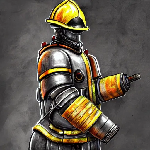 Prompt: An old man fire fighter wearing heavy duty armour, highly detailed, digital art, sharp focus, trending on art station, anime art style