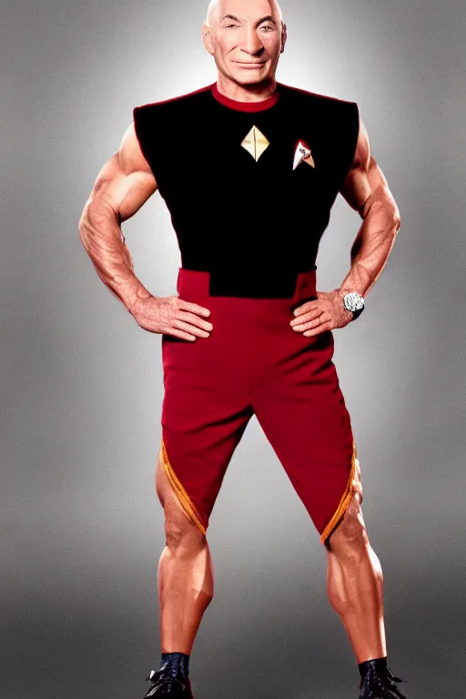 Prompt: full body digital portrait of bodybuilder captain jean - luc picard, starfleet uniform, star trek the next generation, smooth, elegant, sharp focus, highly detailed