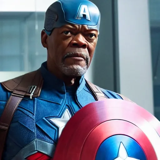 Image similar to film still of Samuel L Jackson as Captain America, in new Avengers film