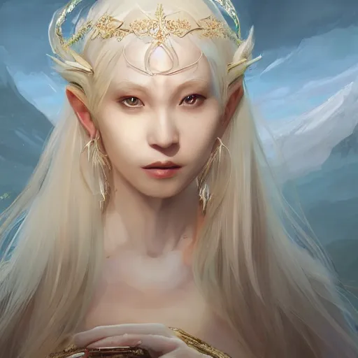 Image similar to A masterpiece portrait of a A albino gorgeous Asian elvish blonde girl with huge Diamond in her forehead. Goddess of North. trending on artstation, digital art, by Stanley Artgerm Lau, WLOP, Rossdraws, James Jean, Andrei Riabovitchev, Marc Simonetti, Yoshitaka Amano