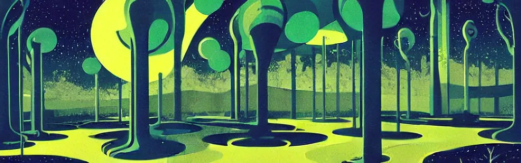 Image similar to 7 0 s sci - fi space station interior, retrofuturism, gouache, trees, animated film, stylised, illustration, by eyvind earle, scott wills, genndy tartakovski