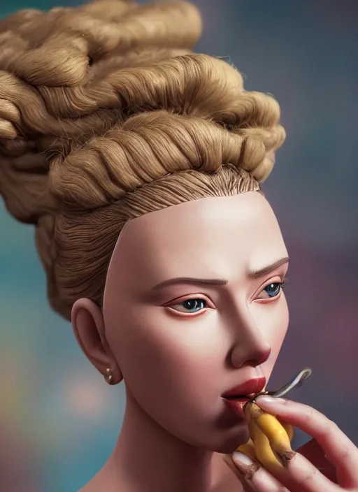 Image similar to closeup portrait of tin toy scarlett johansson eating cakes, depth of field, zeiss lens, detailed, symmetrical, centered, fashion photoshoot, by nicoletta ceccoli, mark ryden, lostfish, earl nore, hyung tae, frank frazetta, breathtaking, 8 k resolution, extremely detailed, beautiful, establishing shot, artistic, hyperrealistic, octane render