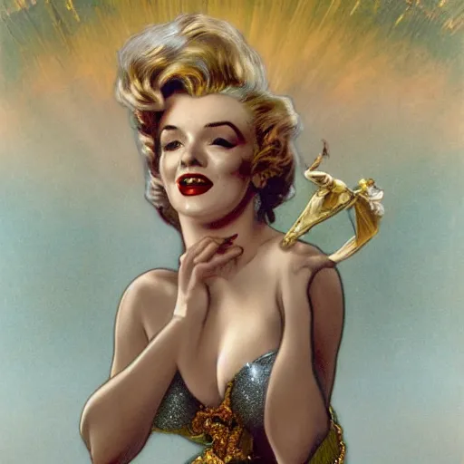 Image similar to an extremely detailed matte painting marilyn monroe as a powerful sorceress in a resplendent silver and gold dress with crimson trim and a long leg slit, in the style of magic the gathering, 8 k, sharp focus, detailed face, art by john collier and albert aublet and krenz cushart and artem demura and alphonse mucha