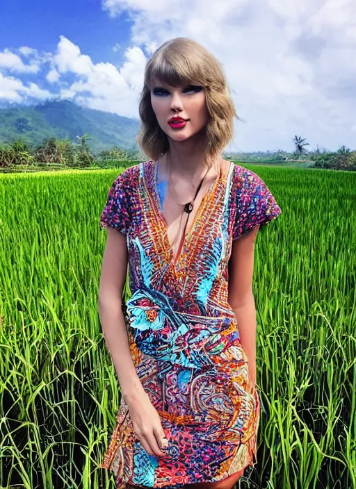 Prompt: taylor swift wearing batik bali in bali. temple lake, rice field ocean. front view. instagram closeup holiday photo shoot, perfect faces, beautiful
