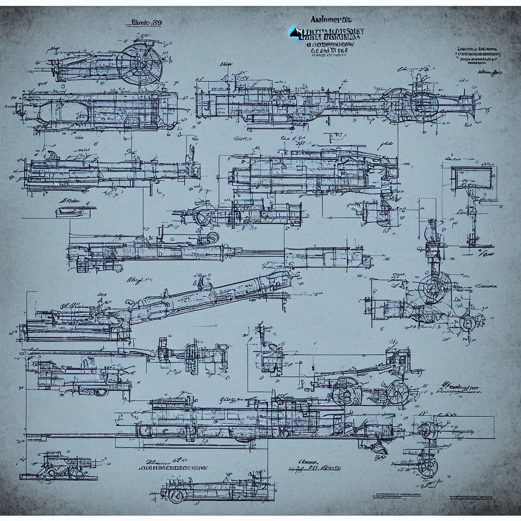 Image similar to detailed blueprint scheme of an artillery cannon, patented in 2039