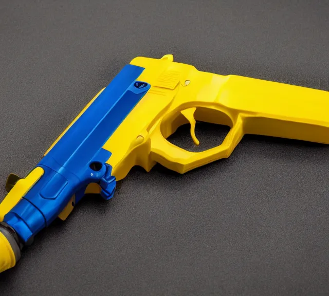 Prompt: a 4 k photorealistic photo full shot of a yellow and blue gun.