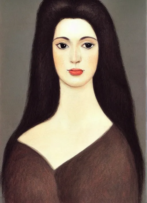 Prompt: a portrait of a woman considered the most beautiful woman in the world. She has a well-proportioned figure. She is very tall and slender with long black hair that extends past her waist with locks of hair that frame her face down to her chin and shows off her high forehead, dark brown eyes with long, voluminous eyelashes and pale skin. She has a narrow waist and very large chest, pink hearts in the background , romantic themed, beautiful face, intricate, highly detailed, digital painting, artstation, concept art, smooth, sharp focus, illustration, art by Noriyoshi Ohrai