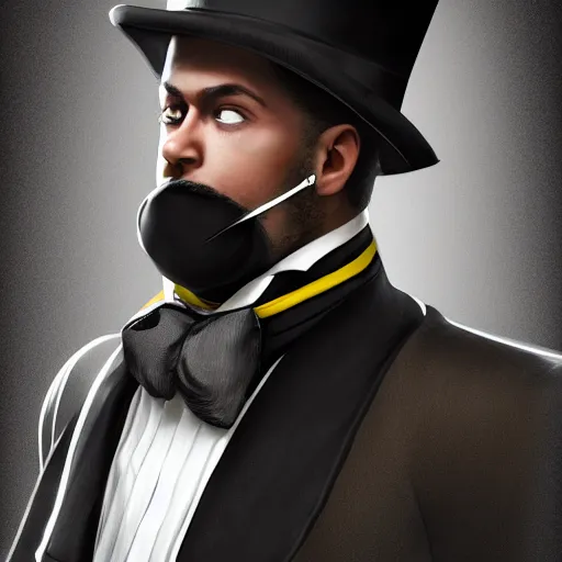 Image similar to a highly detailed portrait of a man in a high top hat covering his face, in a black tailcoat with a yellow waistcoat under the tailcoat, artstation, deviantart, professional, unreal engine 5, photorealistic