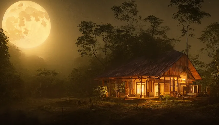 Prompt: a simple and rustic wooden house with the lamp on in the middle of the amazonian rainforest. the afterglow comes in from the window. full of narrative sense, moon lighting, extremely super - detailed, intricate, epic composition, trending on artstation, by sergey vasnev and jan urschel, matte painting, excellent light sense