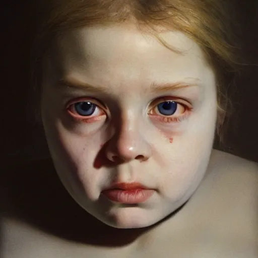 Image similar to high quality high detail portrait by gottfried helnwein, hd, intense unsettling look in the eyes, photorealistic lighting