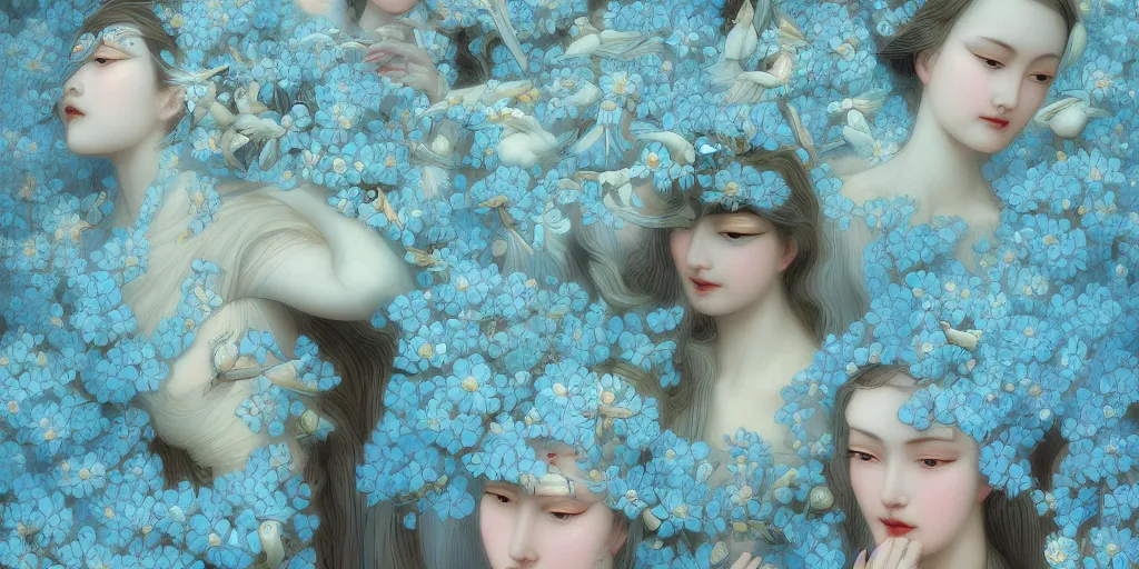 Image similar to breathtaking detailed concept art painting art deco pattern of faces goddesses of light blue flowers with anxious piercing eyes and blend of flowers and birds, by hsiao - ron cheng and john james audubon, bizarre compositions, exquisite detail, extremely moody lighting, 8 k