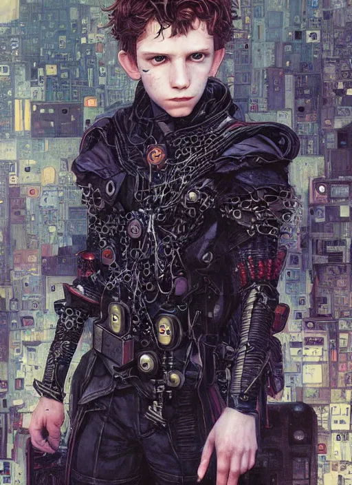 Image similar to portrait of young gothic Tom Holland, cyberpunk, Warhammer, highly detailed, artstation, illustration, art by Gustav Klimt and Range Murata and Katsuya Terada