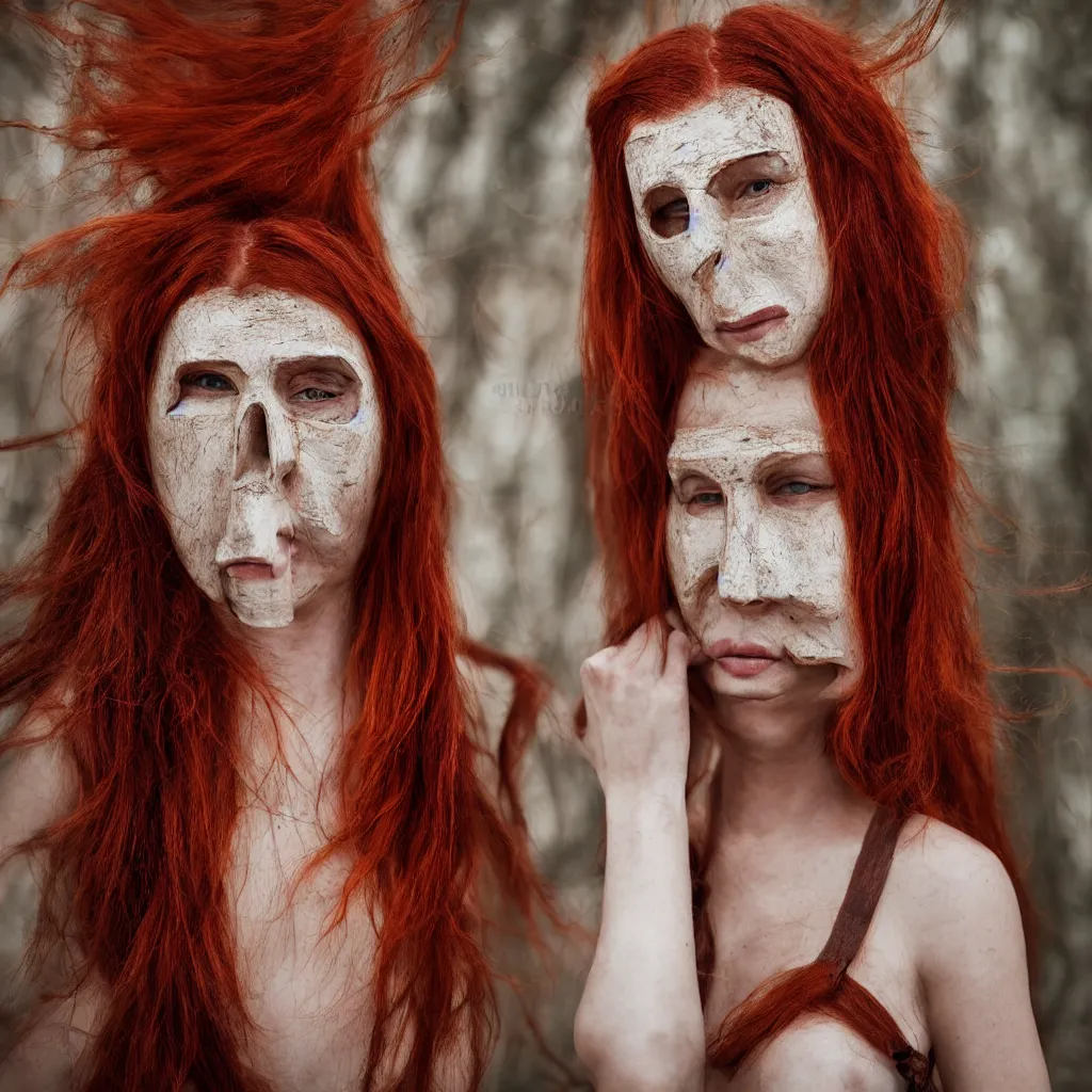 Image similar to woman with wooden mask, long red hair highly detailed, 8 k, hdr, smooth, sharp focus, high resolution, award - winning photo