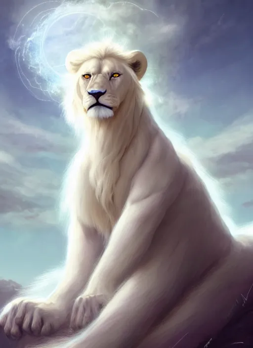 Image similar to aesthetic, religious fantasy portrait commission of an albino male furry anthro lion with giant feathery glowing angel wings flying in the heavenly cloudy sky wearing a silky white transparent cloak blowing in the wind, Atmospheric . Character design by charlie bowater, ross tran, artgerm, and makoto shinkai, detailed, inked, western comic book art, 2021 award winning film poster painting