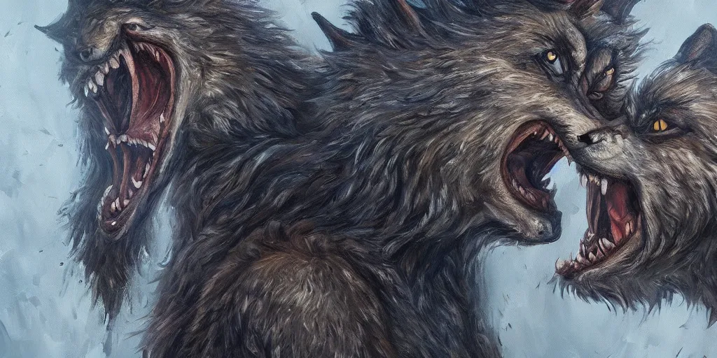 Image similar to oil painting of a werewolf kissing another werewolf, detailed, 4k, fantasy