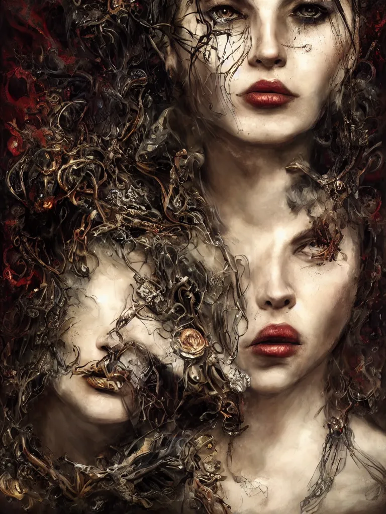 Image similar to single face portrait. very complex hyper-maximalist overdetailed cinematic darkfantasy portrait of an elegant very attractive but dangerous and wild female ent lady by andrei riabovitchev, tomasz alen kopera, oleksandra shchaslyva. Omnious intricate. Focus on face. Artstation. Deviantart. 8k 4k 64megapixel. Rendered by binx.ly. discodiffusion style portrait.