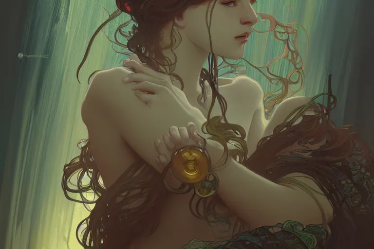 Image similar to life without form, dynamic lighting, wet, cinematic, highly detailed, digital painting, artstation, concept art, baroque, matte, intricate, full details, illustration, art by alphonse mucha