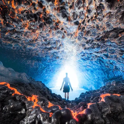 Prompt: head of necoark emerges from a lava lake, cave background, high detail, lava reflections, cave reflecting in the lava lake, dramatic shot