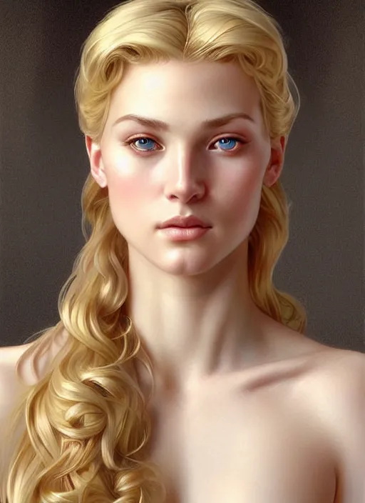 Prompt: face of feminine perfection!! concept art portrait of young wife blessed by god with ever - increasing physical mental perfection, blonde, symmetrical! intricate, sensual features, highly detailed, biblical!! holy perfection!! digital painting, artstation, smooth, sharp focus, illustration, art by artgerm and greg rutkowski and alphonse mucha