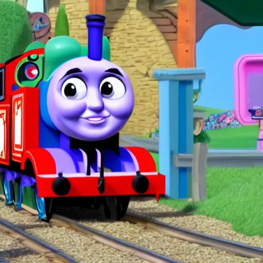 Prompt: thomas the tank engine in a my little pony episode