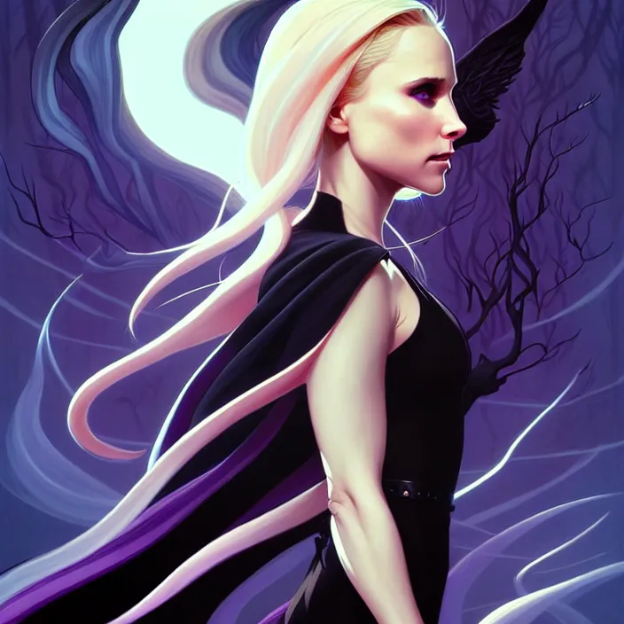 Prompt: style artgerm, joshua middleton, gerald brom, beautiful kristen bell with black dress, very long white hair, symmetrical face, symmetrical eyes, purple fire powers fire swirling, detailed, forest setting, cinematic lighting