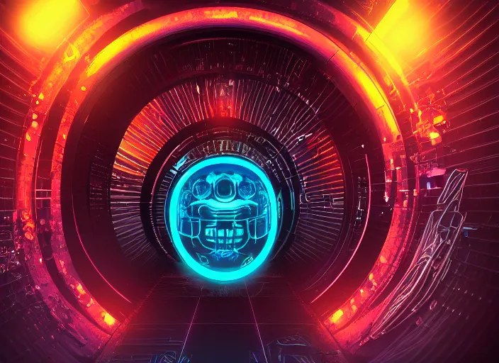 Prompt: a futuristic skull with glowing eyes and a wormhole tunnel, cyberpunk art by dan mumford, behance contest winner, computer art, darksynth, synthwave, rendered in cinema 4 d