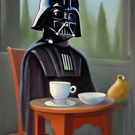 Image similar to darth vader sits on a chair behind a coffee salt on a summer veranda and holds in his hand a small china cup with tea from which steam comes out, in the stylization of paintings of romanticism, detailed facial proportions