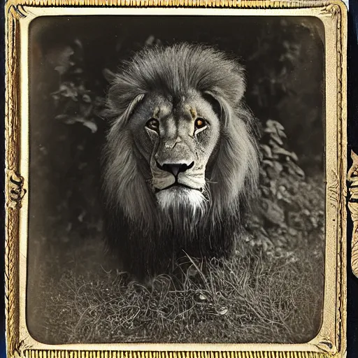 Prompt: wizard male lion with large tentakles legs in a dense jungle, robot eyes, by Ansel Adams Tintype 1800s