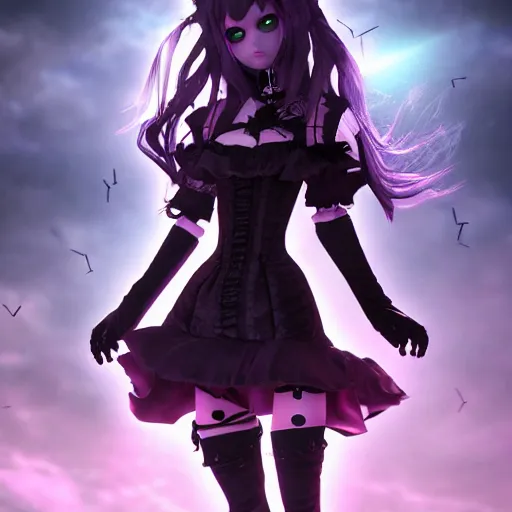 Image similar to full shot portrait of angry darkness Clara Morgane as a cute anime girl at moonlight, gothic wearing, inspired by Tim Burton, Norihiro Yagi, Marc Simonetti, Amano, Juri Misaki, detailed, unreal engine 4k volumetric light, fog,