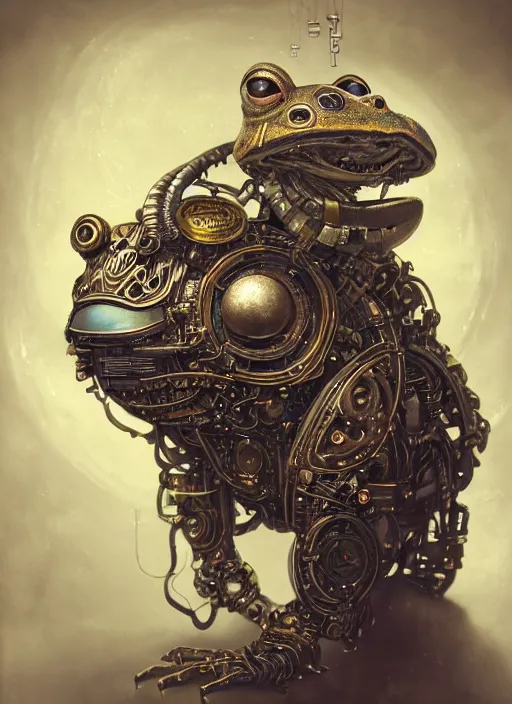 Prompt: a beautiful intricate fine art portrait photo of a mechanical industrial steampunk cybernetic toad, by tom bagshaw and zach sutton, perfection!, milk bath photography, studio lighting, backlight, 35mm lens, very detailed, bionic, cybernetic scifi, deep depth of field, artstation, 8K, highly coherent