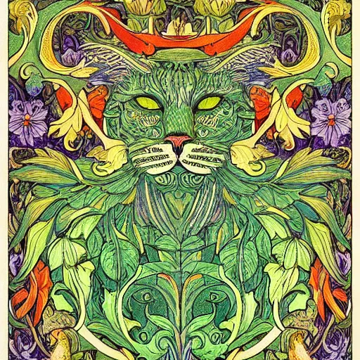 Image similar to colourful green man cat by walter crane and william morris, 8 k, artstation