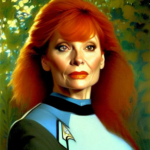 Image similar to a portrait of dr crusher, star trek the next generation. highly detailed painting by gaston bussiere, craig mullins, j. c. leyendecker, furry