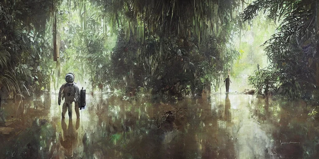 Image similar to an atmospheric painting of an astronaut walking through a flooded underground that is overgrown with jungle plants and vegetation, beautifully lit and highly detailed painting by Johnny Morant