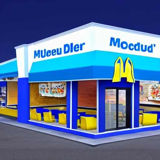 Prompt: Blue McDonalds Restaurant, 4k realistic photo