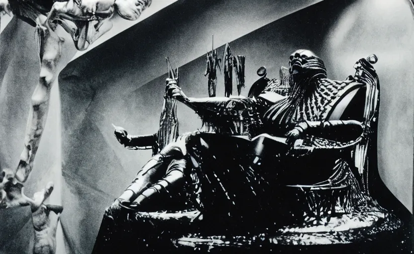 Image similar to chunky orson welles sitting on a dark throne, in an alien room by hans giger, film still from the movie by alejandro jodorowsky with cinematogrophy of christopher doyle and art direction by hans giger, anamorphic lens, kodakchrome, very detailed photo, 8 k