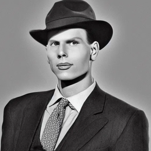 Image similar to A photograph portrait of Jerma985 wearing a suit with and fedora in the 1940s, taken in the early 1940s, grainy, taken on a 940s Kodak Camera, realistic, hyperrealistic, very realistic, highly detailed, very detailed, extremely detailed, detailed, digital art, trending on artstation