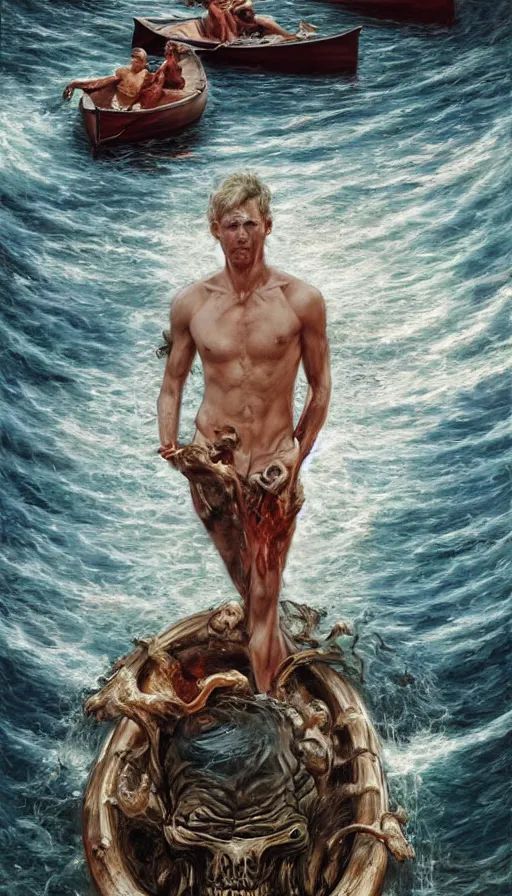 Prompt: man on boat crossing a body of water in hell with creatures in the water, sea of souls, by rob hefferan