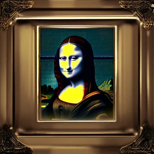 Image similar to metal robot machinery in the style of the mona lisa