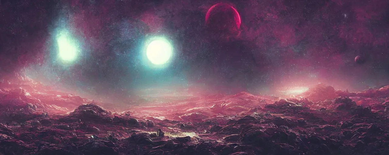 Image similar to ” outer planet landscape at pitchblack night, [ cinematic, detailed, epic, widescreen, opening, establishing, mattepainting, photorealistic, realistic textures, octane render, art by paul lehr ] ”