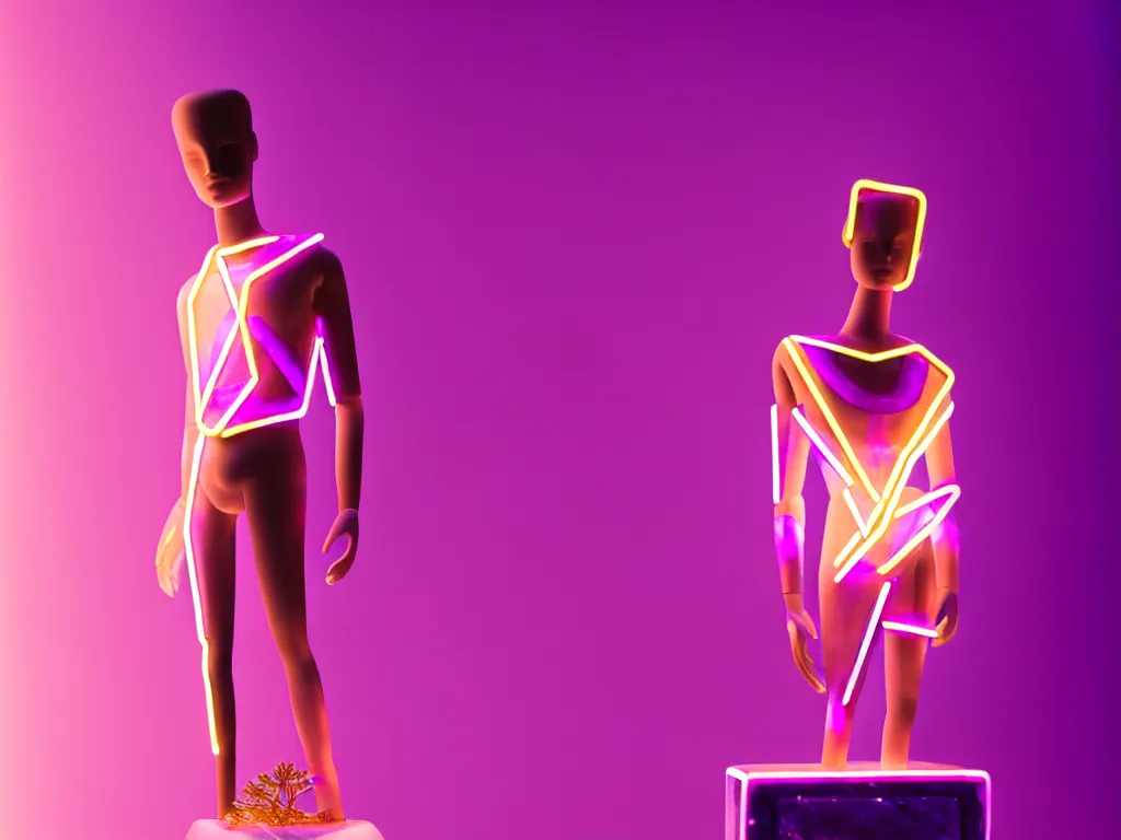 Image similar to beautiful mannequin sculpted out of amethyst by billelis + lit with geometric neon + kintsugi, facing a doorway opening with neon pink geometric light + gold geometric cubed bonsai trees, clean linework, dramatic, finely detailed, rule of thirds, moody, award winning, 4 k, trending on artstation, photorealistic, volumetric lighting, octane render