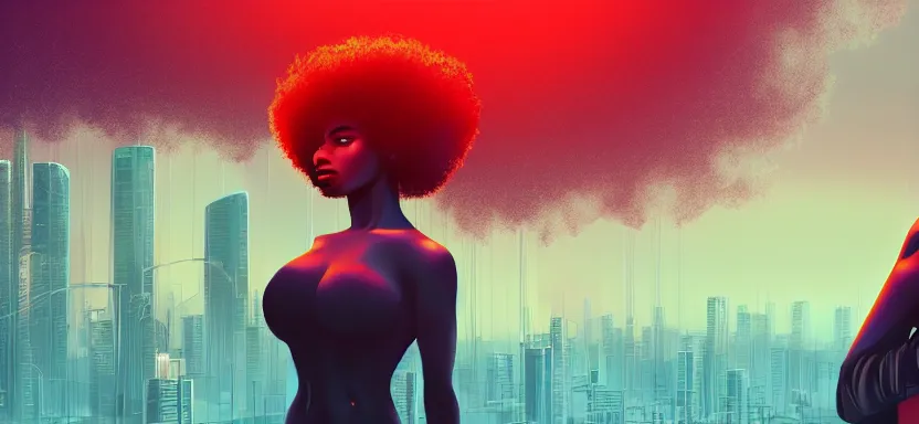 Prompt: portrait of a beautiful black woman with afro hair, cyberpunk rio de janeiro background, digital art, trending on artstation, brushstrokes, backlit, corcovado on the background